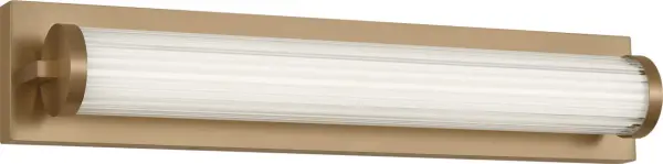The Weston 22" vanity light delivers efficient LED illumination through a ribbed glass diffuser that softens glare while adding visual texture. The satin brass finish and linear design bring contemporary elegance to bathrooms.