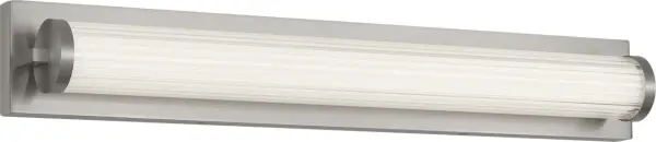 The Weston 28" vanity light delivers clean, contemporary style with its linear design and ribbed glass diffuser. Integrated LED technology provides energy-efficient ambient lighting while the textured lens softens glare for comfortable bathroom illumination.