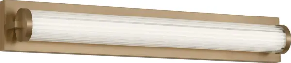 The Weston 28" vanity light delivers efficient LED illumination through a beautifully ribbed glass lens, creating soft, glare-free lighting perfect for bathroom tasks. Its linear design and satin brass finish add contemporary elegance.