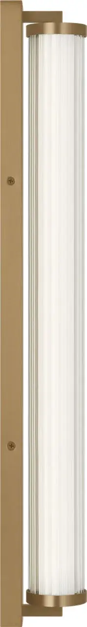 The Weston 28" vanity light delivers efficient LED illumination through a beautifully ribbed glass lens, creating soft, glare-free lighting perfect for bathroom tasks. Its linear design and satin brass finish add contemporary elegance. - alternate view