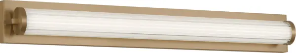 The Weston vanity light delivers efficient LED illumination through a ribbed glass diffuser that softens glare while adding visual texture. The full-length satin brass backplate provides linear symmetry and material depth, making it ideal for contemporary and transitional bathrooms.