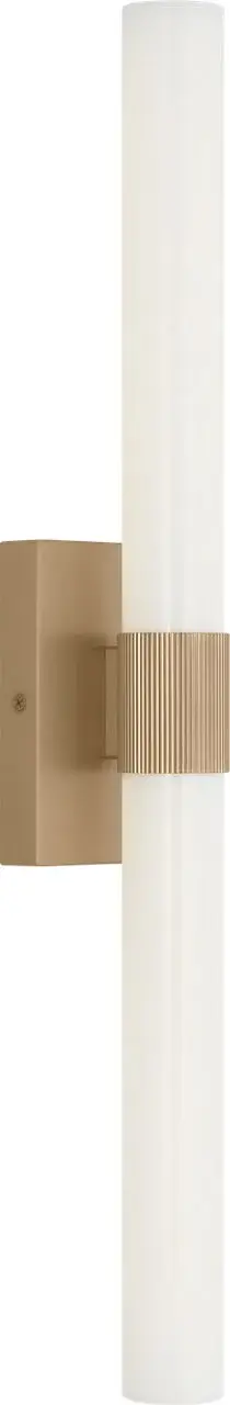 The Sarco 30" LED Vanity brings sculptural presence to bathrooms with its dual-cylinder design and refined band detailing. Modern geometry in warm Satin Brass creates a sophisticated focal point for vanity areas. - alternate view
