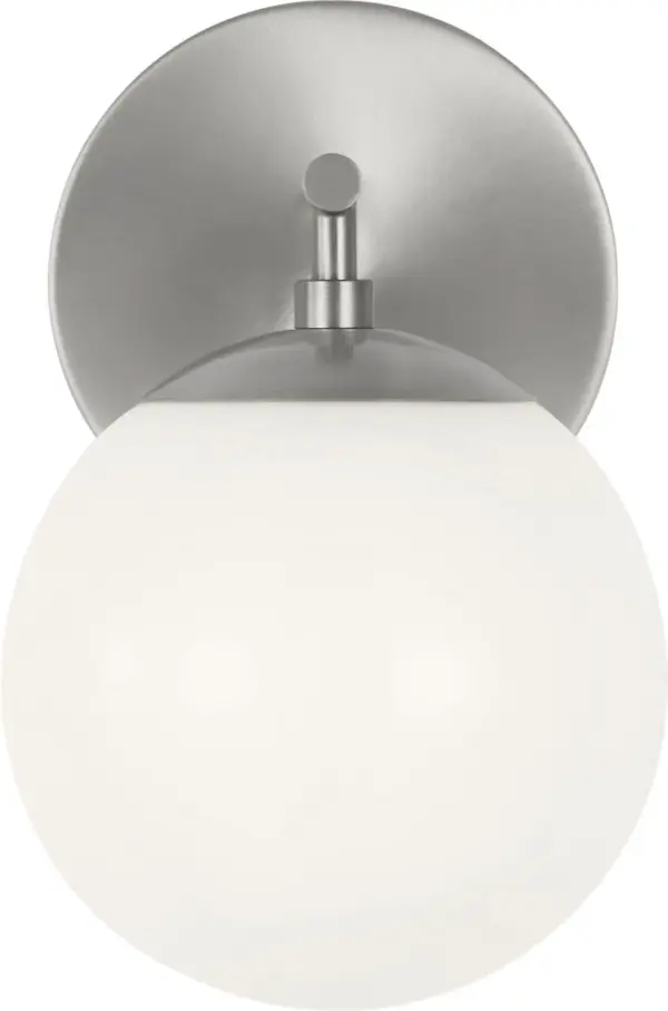 The Nube vanity light features a distinctive milk glass sphere that appears to hover beneath a sleek horizontal bar, creating an airy, contemporary aesthetic perfect for modern bathrooms and powder rooms.
