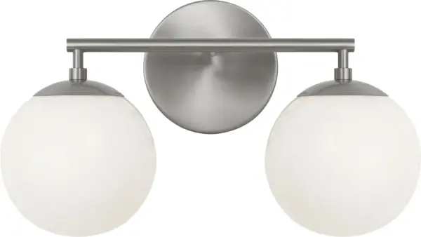 The Nube 2-Light Vanity brings contemporary elegance to bathroom lighting with its distinctive floating globe design. Milk glass spheres hover beneath a sleek horizontal bar, creating an airy silhouette while providing flattering illumination.