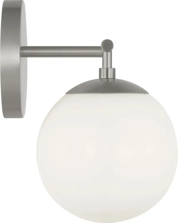 The Nube 2-Light Vanity brings contemporary elegance to bathroom lighting with its distinctive floating globe design. Milk glass spheres hover beneath a sleek horizontal bar, creating an airy silhouette while providing flattering illumination. - alternate view