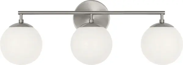 The Nube 3-Light Vanity brings sophisticated bathroom lighting with its distinctive floating milk glass spheres. The brushed nickel finish and horizontal bar design create an airy, modern aesthetic while providing flattering face-level illumination.