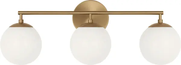 The Nube 3-Light Vanity brings sophisticated contemporary style with its floating milk glass spheres and warm satin brass finish. Perfect for bathrooms and powder rooms, it provides flattering face-level illumination.