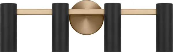 The Zentro vanity light features evenly spaced cylindrical shades that deliver balanced illumination across mirrors and wall surfaces. Its contemporary design in warm satin brass adds sophistication to bathrooms.