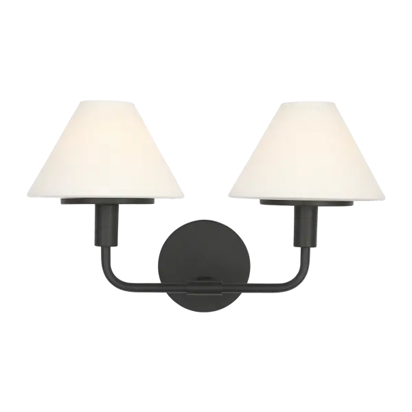 The Mendota Medium Sconce delivers clean, contemporary styling with dual white glass shades that provide even, flattering light. Perfect for mid-sized vanities, its horizontal design balances form and function beautifully.
