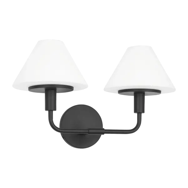The Mendota Medium Sconce delivers clean, contemporary styling with dual white glass shades that provide even, flattering light. Perfect for mid-sized vanities, its horizontal design balances form and function beautifully. - alternate view
