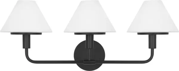 The Mendota Large Sconce delivers functional elegance with three evenly spaced white glass cones on a structured black armature. Perfect for primary baths and double-sink vanities, offering consistent light output with minimal visual bulk.