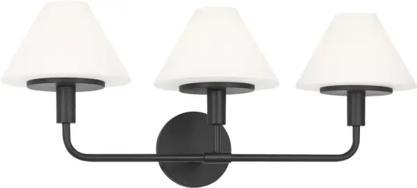The Mendota Large Sconce delivers functional elegance with three evenly spaced white glass cones on a structured black armature. Perfect for primary baths and double-sink vanities, offering consistent light output with minimal visual bulk. - alternate view