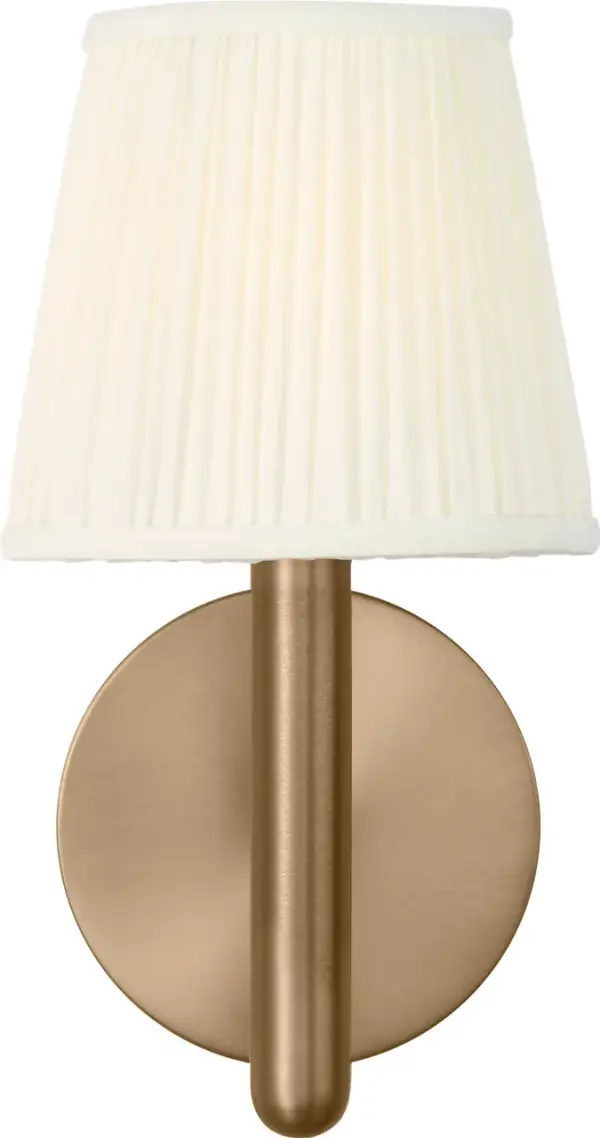 The Vilera sconce brings refined elegance with its gathered white fabric shade and warm satin brass finish. Perfect for flanking mirrors or illuminating hallways, it delivers soft, diffused light with delicate texture. - alternate view