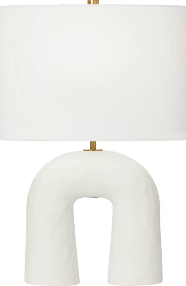 The Aura Small Table Lamp by HABLE combines hand-sculpted ceramic artistry with refined brass accents and a soft linen shade. Its petite size and organic form make it perfect for adding contemporary character to intimate spaces. - alternate view
