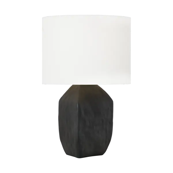 The Sybert Medium Table Lamp combines handcrafted artistry with contemporary design. Its distinctive angular ceramic base and white linen drum shade create sophisticated ambient lighting for modern interiors.
