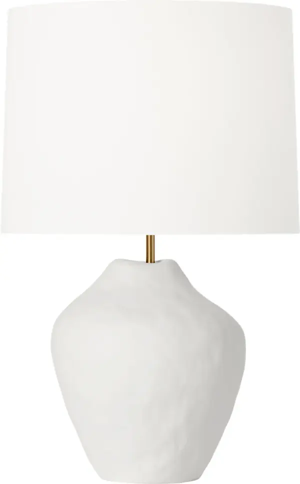 The Cadley Medium Table Lamp combines artisanal craftsmanship with modern design sensibility. Its hand-sculpted ceramic base creates an instant focal point while the classic white linen drum shade provides warm, inviting illumination. - alternate view
