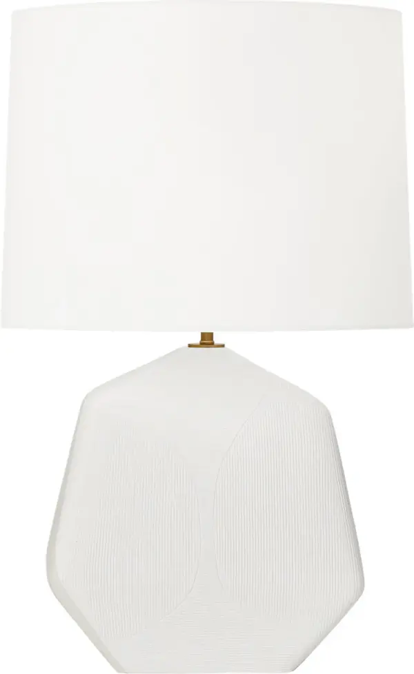 The Tallulah brings artisanal elegance with its hand-etched geometric patterns on matte white ceramic. The sculptural body paired with a soft linen drum shade creates ambient lighting perfect for refined interiors. - alternate view