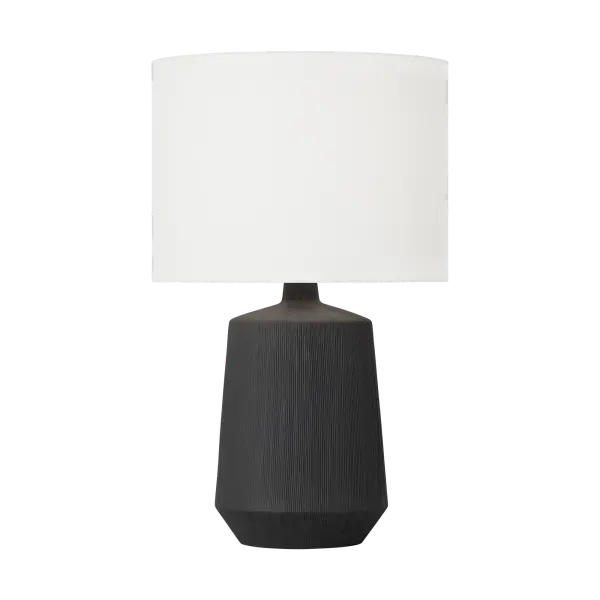 The Panola Medium Table Lamp combines handcrafted ceramic artistry with contemporary minimalism. Its vertical etchings create tactile interest while the white linen shade softly diffuses light. Brass accents add warmth to the matte black finish.