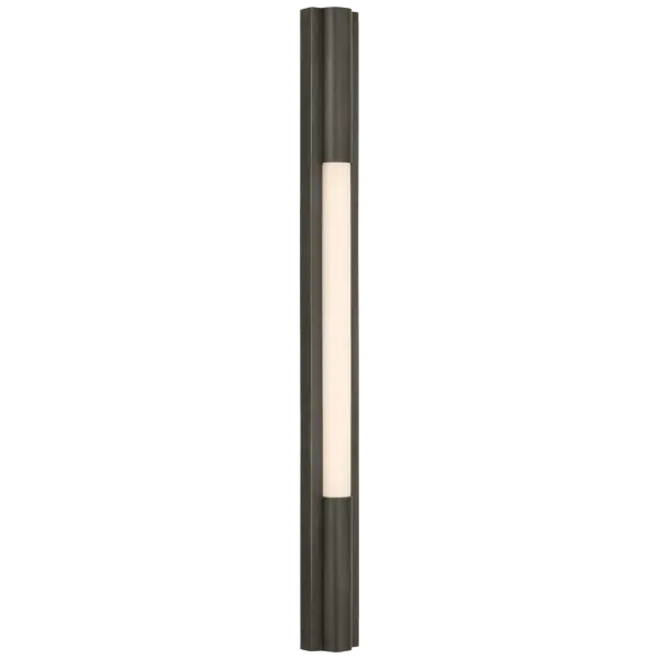 The Ellington Slimline Bath Light combines traditional bronze finish with clean white glass for versatile bathroom lighting. Its 32-inch width provides ample illumination for medium to large vanities.
