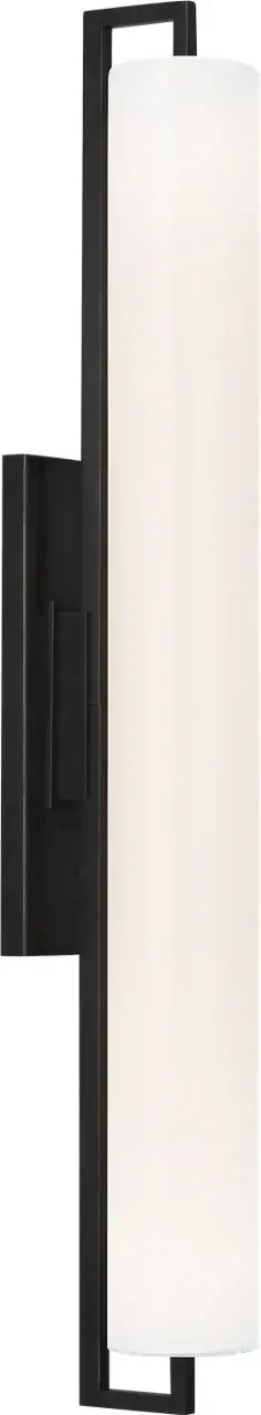 The Bowen linear bath sconce combines classic bronze metalwork with clean white glass for sophisticated bathroom lighting. Its 28-inch width provides excellent illumination for vanity areas while maintaining a refined aesthetic. - alternate view