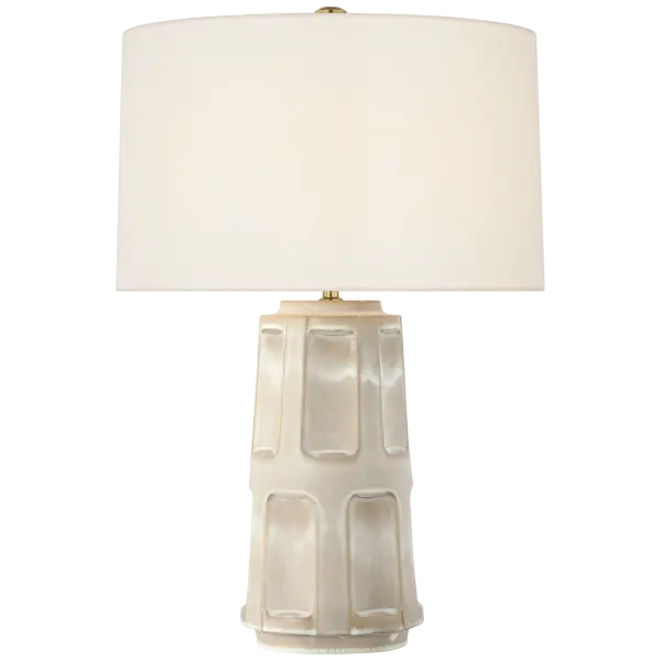 The Altamira brings natural elegance with its sculptural ceramic base in a soft dusted stone finish. At 28" tall, it provides substantial presence while the neutral linen shade offers warm, diffused light perfect for layered lighting schemes.