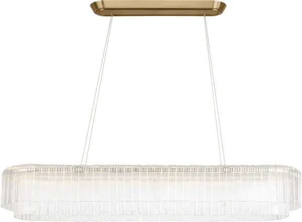 The Maderno linear chandelier commands attention with its impressive 55-inch span and hand-rubbed antique brass finish. Clear glass shades provide brilliant illumination while the substantial scale makes it perfect for large dining rooms and kitchen islands.