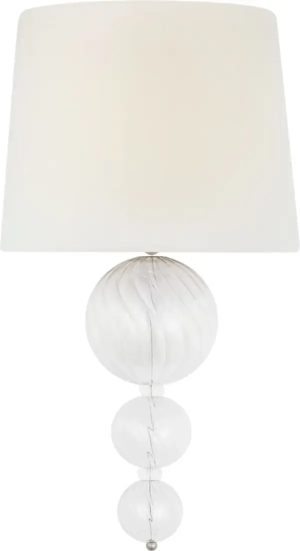 The Talia sconce combines swirled glass orbs with burnished silver leaf metalwork and a soft linen shade, creating a playful yet sophisticated lighting solution. Perfect for adding sparkle and feminine charm to bedrooms and living spaces. - alternate view