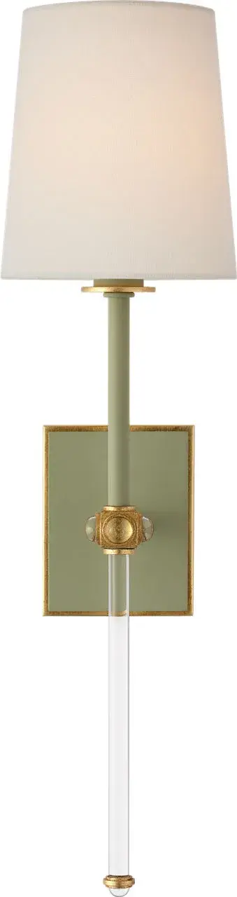 The Lucia cordless sconce combines sophisticated celadon finish with sparkling crystal details and a soft linen shade. Its 21-inch height and cordless design offer flexible placement without electrical constraints.
