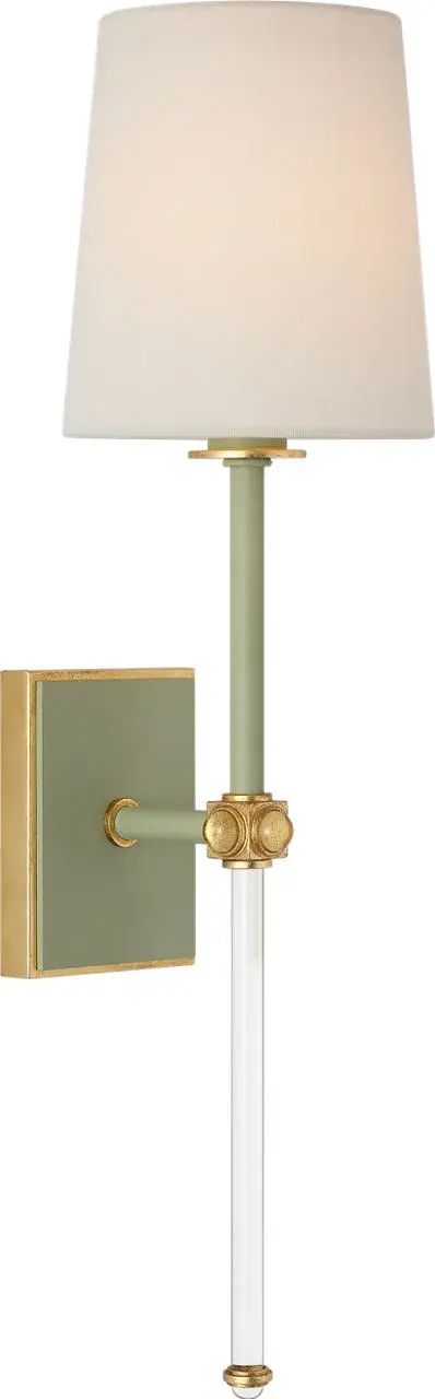 The Lucia cordless sconce combines sophisticated celadon finish with sparkling crystal details and a soft linen shade. Its 21-inch height and cordless design offer flexible placement without electrical constraints. - alternate view