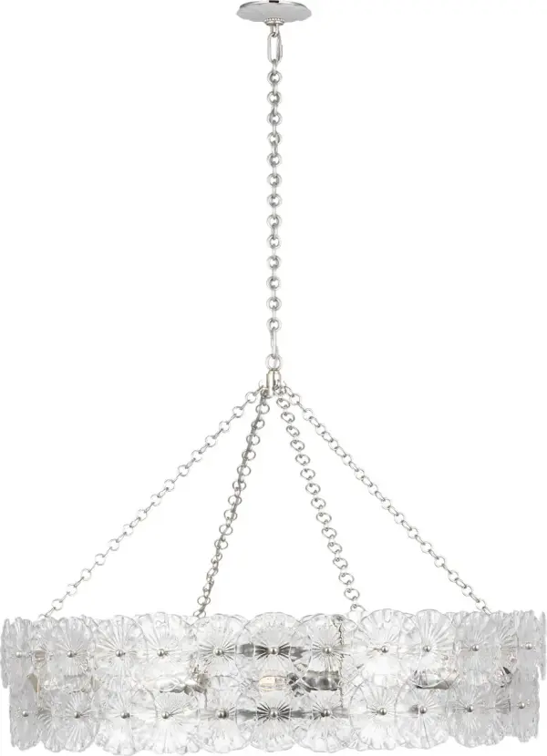 The Gianna Ring Chandelier makes a bold statement with its 36-inch circular design and burnished silver leaf finish. Clear glass elements add sparkle and sophistication, perfect for upscale dining rooms and grand entryways.