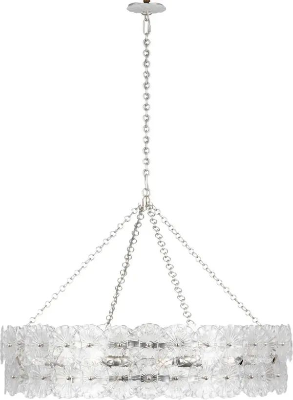 The Gianna Ring Chandelier makes a bold statement with its 36-inch circular design and burnished silver leaf finish. Clear glass elements add sparkle and sophistication, perfect for upscale dining rooms and grand entryways. - alternate view