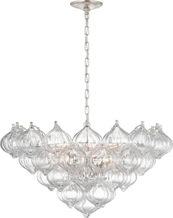 The Caselli 36" Basket Chandelier combines traditional basket weaving design with a refined burnished silver leaf finish and clear glass accents. Its substantial 36-inch diameter makes a statement in larger spaces while maintaining elegant proportions.