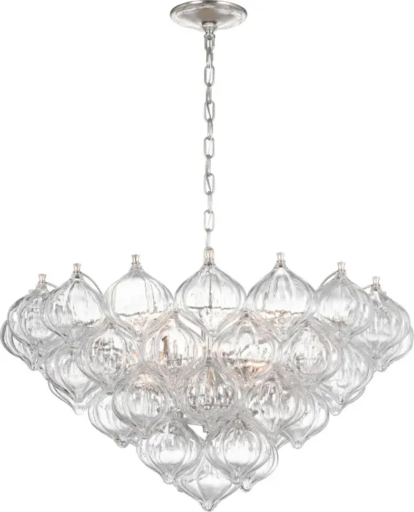 The Caselli 36" Basket Chandelier combines traditional basket weaving design with a refined burnished silver leaf finish and clear glass accents. Its substantial 36-inch diameter makes a statement in larger spaces while maintaining elegant proportions. - alternate view
