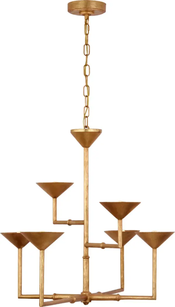 The Eleanor 53" Asymmetric Chandelier makes a bold architectural statement with its dramatic asymmetric design and rich Antique Gold Leaf finish. Perfect for large dining rooms and grand entryways.