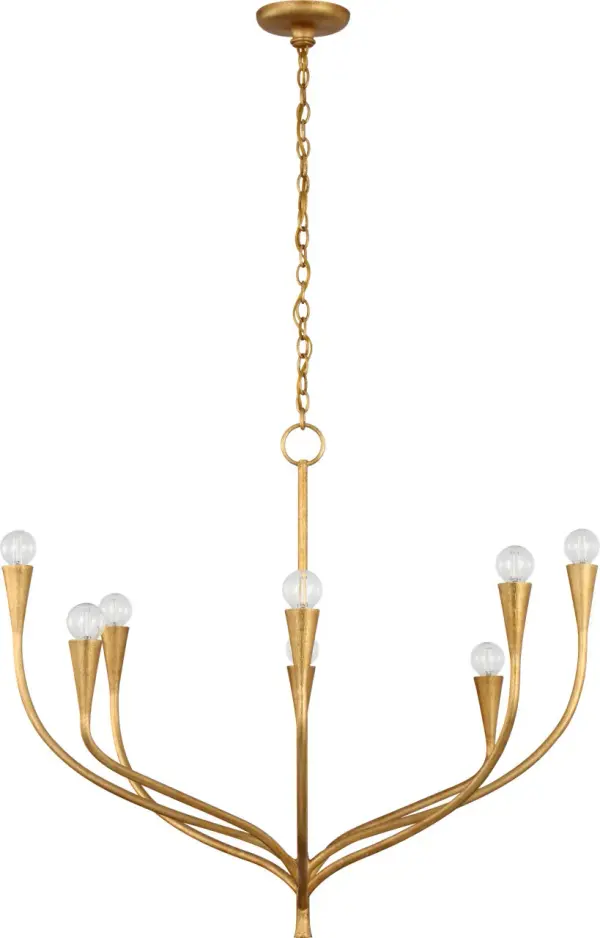 The Marini chandelier brings contemporary elegance with its 33-inch linear design and antique gold leaf finish. Multiple glass globes create beautiful ambient lighting perfect for dining spaces and kitchen islands.