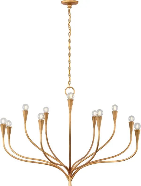 The Marini chandelier brings sophisticated elegance with its generous 43-inch scale and warm antique gold leaf finish. Perfect for creating a focal point in dining rooms and grand entryways. - alternate view