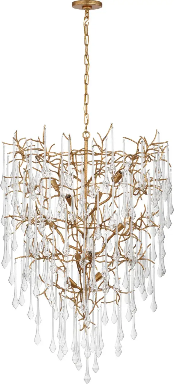 The Rayne 34" Entry Chandelier commands attention with its substantial scale and gilded iron finish. Clear glass panels create brilliant light refraction while the traditional silhouette adds architectural grandeur to foyers and formal spaces.