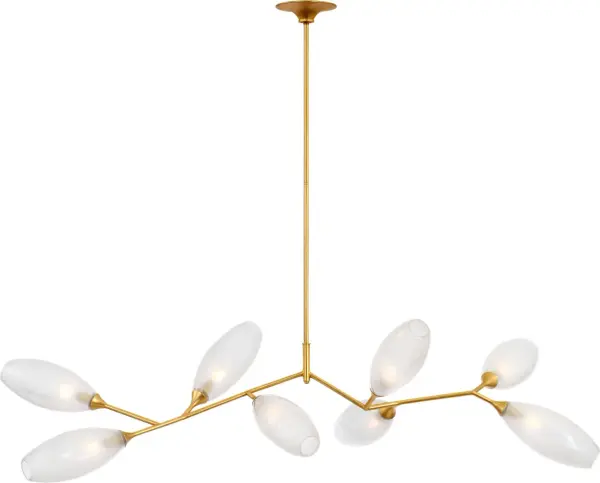 The Toscano 60" Linear Chandelier combines contemporary linear form with transitional elegance. Its branched design and gild finish create visual interest while frosted glass shades provide soft, diffused illumination perfect for dining and entertaining spaces.