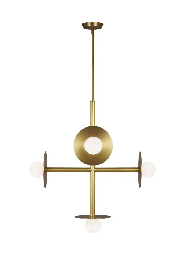 A striking linear chandelier that balances minimalist form with bold presence. The juxtaposition of warm burnished brass against milk white glass globes creates sophisticated visual interest while providing excellent task lighting.