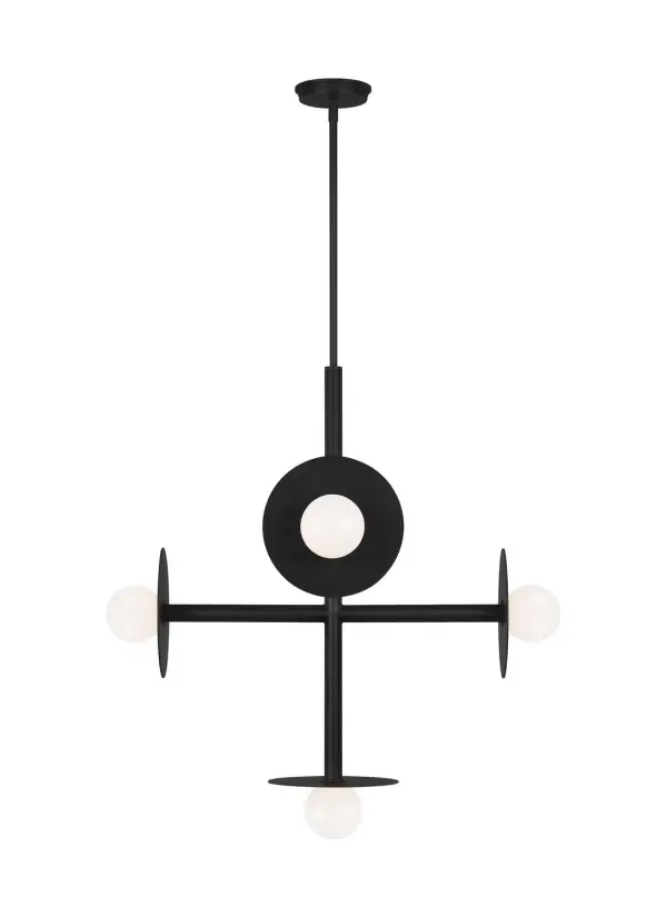 A striking linear chandelier that balances minimalist form with bold presence. Five milk glass globes paired with optional metal discs create dimensional interest, while the adjustable cord system offers installation flexibility.