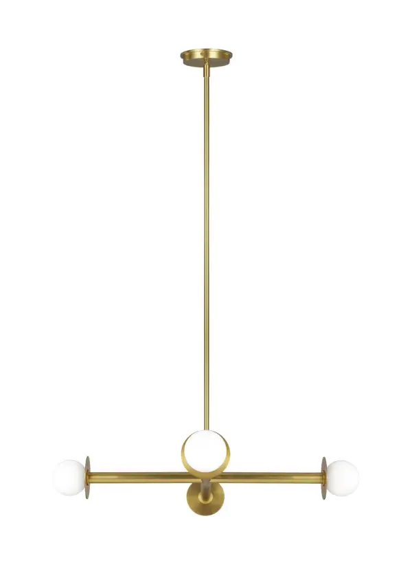 A striking linear chandelier that balances minimalist form with bold presence. The distinctive milk glass globes paired with metal discs create visual interest, while the modular design allows customization by removing discs for a cleaner look.