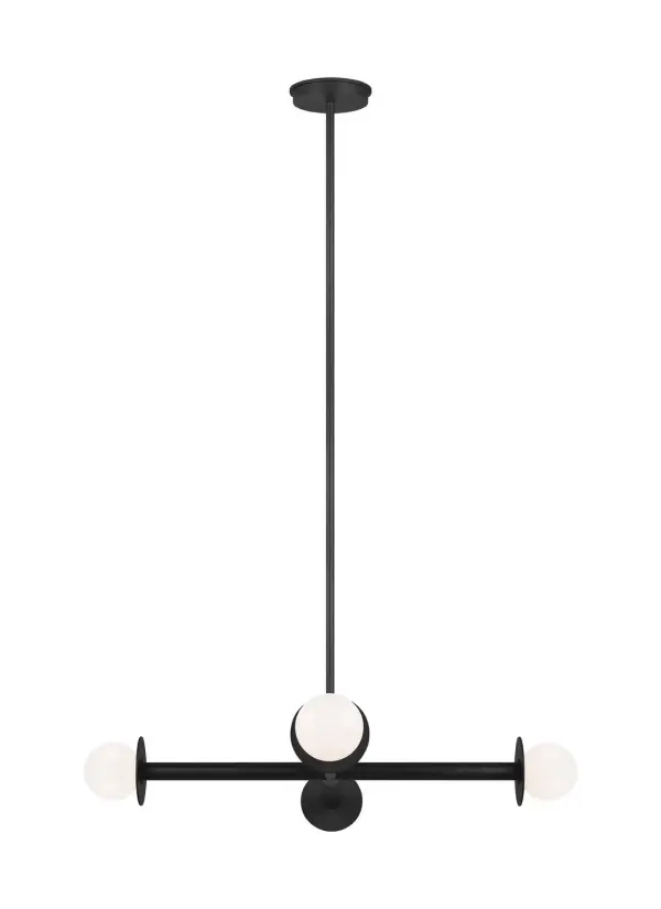 A striking contemporary chandelier that balances minimal form with bold presence. The juxtaposition of milk glass globes against metal discs creates visual interest, while the option to remove discs offers versatility.