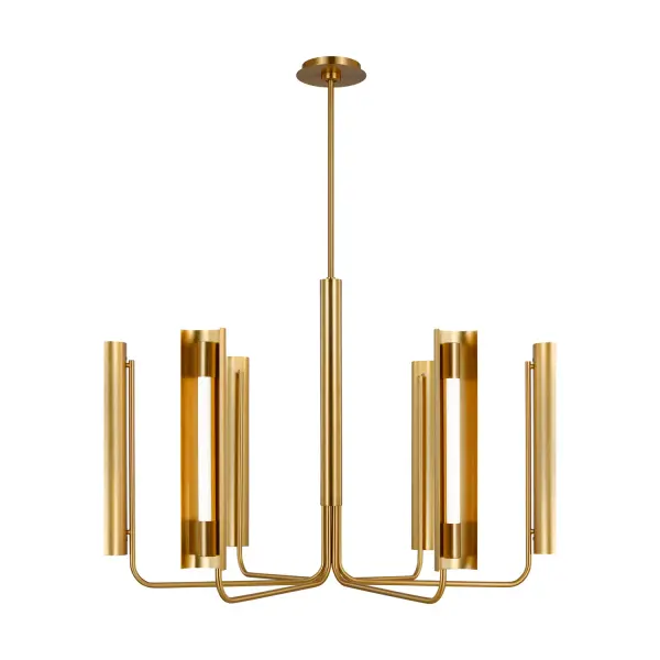 A striking linear chandelier that combines architectural minimalism with integrated LED technology. The extruded LED bars create clean lines of light, while the burnished brass finish adds warmth to modern spaces.