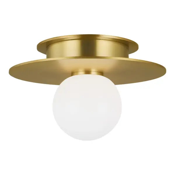 A compact flush mount that delivers designer style in tight spaces. The milk glass globe against burnished brass disc creates visual interest while the low profile works perfectly for hallways, closets, and bathrooms.