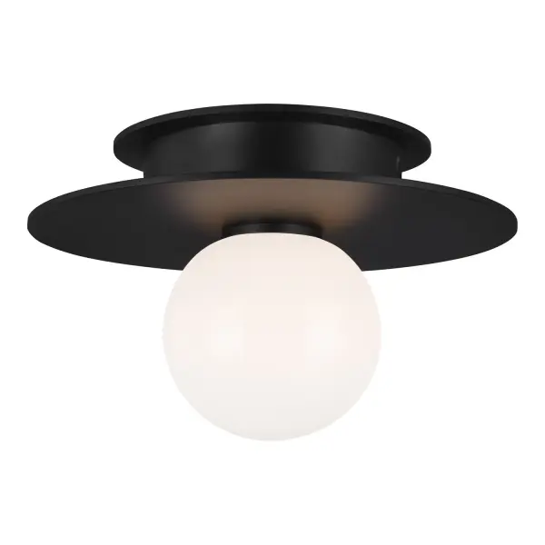 Kelly Wearstler's Nodes flush mount combines minimal form with bold materiality. The milk glass globe against a midnight black metal disc creates striking visual contrast in a compact profile perfect for low ceilings.