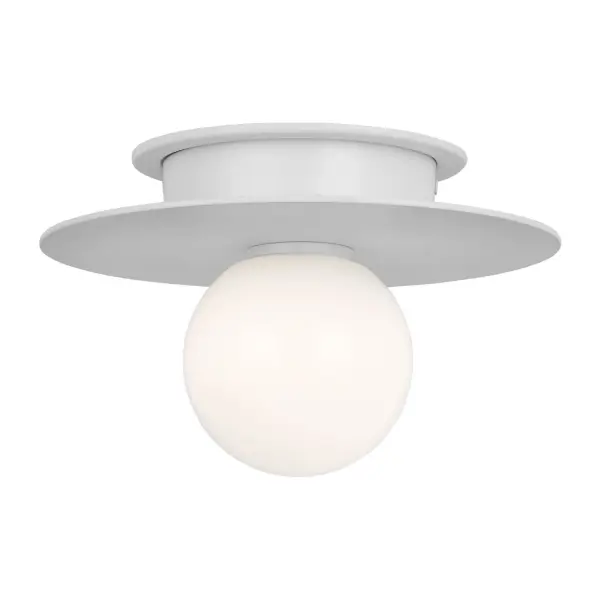 A compact flush mount featuring Kelly Wearstler's signature mixed-materiality design. The milk glass globe radiates soft light against a matte white metal disc, creating a sculptural presence in small spaces.