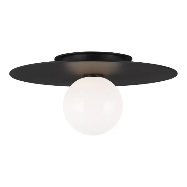 A sophisticated flush mount featuring a milk glass globe set against a metal disc in Midnight Black. The minimal profile and designer pedigree make it ideal for modern spaces requiring low-profile lighting with high style impact.