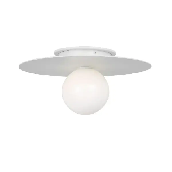 A striking blend of curvilinear form and mixed materials featuring a milk glass globe against a matte white metal disc. The minimalist design offers versatility with optional disc removal for different looks.