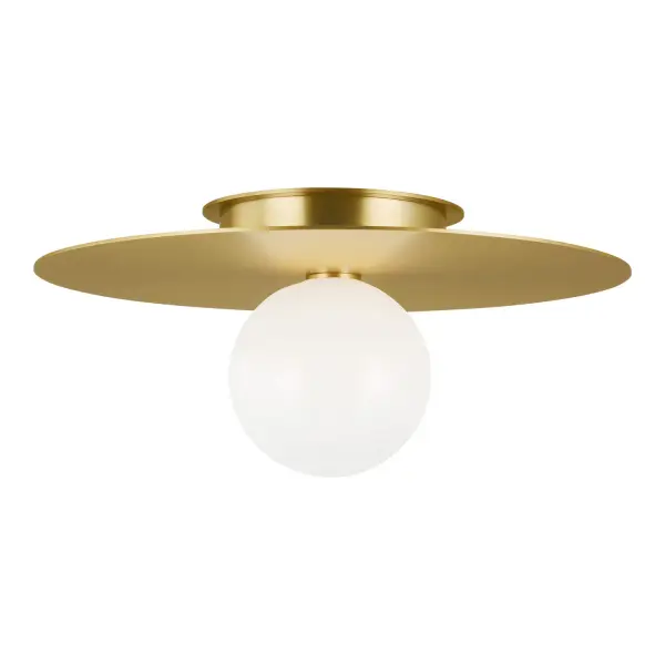 A striking minimal flush mount featuring a milk glass globe set against a burnished brass disc. The curvilinear form and mixed materials create visual interest while maintaining a compact 7.88" profile ideal for lower ceilings.