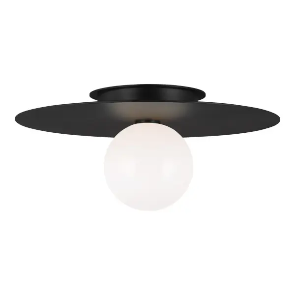 Kelly Wearstler's Nodes collection brings sophisticated minimalism to flush mount lighting. The striking contrast of milk glass globes against midnight black metal discs creates visual interest while maintaining clean lines.